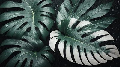 The primary subject of the image is a large green leaf with white edges, which is the main focus of the image. The leaf is placed in front of a dark background, creating a contrast between the leaf and the background. The visual style of the image is a close-up of the leaf, showcasing its details and texture. The colors in the image are predominantly green and white, giving the image a natural and serene atmosphere.