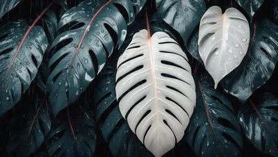 The primary subject of the image is a large white leaf with a pinkish hue, which is placed in a green environment. The leaf is the main focus of the image, and it appears to be a natural, real-life object rather than a digital art or illustration. The colors in the image are predominantly green and white, with the pinkish hue of the leaf adding a touch of warmth to the scene. The overall atmosphere of the image is serene and natural, with the leaf being the central point