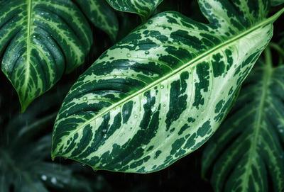 The primary subject of the image is a large green leaf with water droplets on it. The leaf is placed on a surface, possibly a plant or a leafy green background. The visual style of the image is a close-up of the leaf, showcasing its intricate details. The colors and mood of the image are predominantly green, with the water droplets adding a touch of wetness and freshness to the scene.