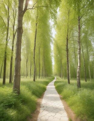 The primary subject of the image is a pathway surrounded by a forest of trees. The setting is a lush green field with a dirt path, and the visual style is a photo. The dominant colors are green, with the grass and trees, and the overall atmosphere is serene and peaceful.