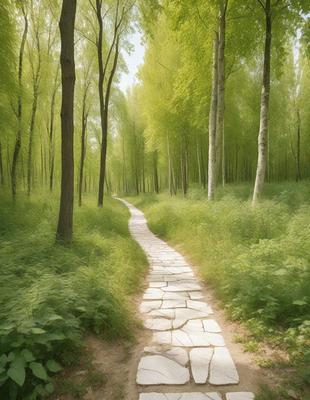 The primary subject of the image is a stone pathway that leads through a forest. The setting is a lush green forest with trees and grass surrounding the path. The visual style is a combination of photo and digital art, creating a realistic yet artistic representation of the scene. The colors and mood are predominantly green, with a sense of tranquility and natural beauty.