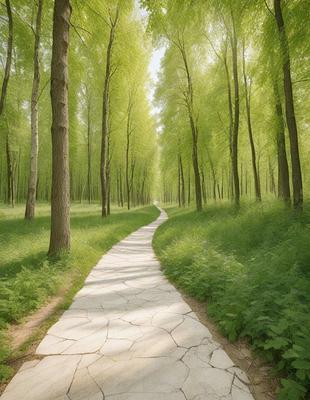 The primary subject of the image is a pathway surrounded by trees. The setting is a forest with a grassy area, and the visual style is a photo. The dominant colors are green, which is the color of the trees and grass, and the overall atmosphere is serene and peaceful.