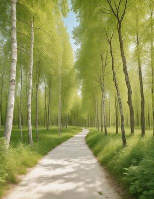The primary subject of the image is a dirt road surrounded by a lush green forest. The setting is a serene, natural environment with trees and grass. The visual style is a combination of photo and digital art, creating a realistic yet artistic representation of the scene. The colors and mood are predominantly green, with a sense of tranquility and harmony with nature.