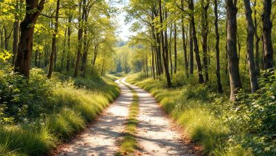 The primary subject of the image is a dirt road surrounded by trees. The setting is a forest, with the road running through it. The visual style is a photo, capturing the natural environment and the road's path. The colors and mood of the image are predominantly earthy tones, creating a serene and peaceful atmosphere.