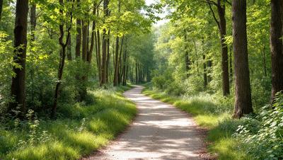 Primary subject: A dirt road surrounded by trees and grass.

Setting/background: The road is located in a forest, with trees and grass on both sides.

Visual style: The image is a photo of the dirt road.

Colors and mood: The photo has a warm and natural color palette, with the dirt road appearing brown and the surrounding trees and grass appearing green.