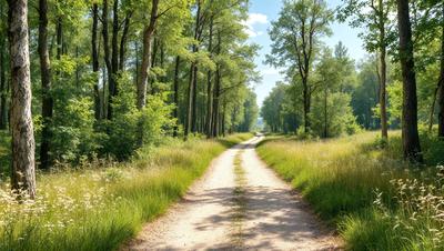 The primary subject of the image is a dirt road surrounded by trees and grass. The setting is a forest, with the road running through it. The visual style is a photo, capturing the natural environment and the road's path. The colors and mood of the image are predominantly green, with the grass and trees creating a serene and peaceful atmosphere.