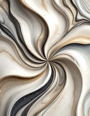 The primary subject of the image is a white and gold spiral pattern, which appears to be a decorative design. The setting is a white marble surface, which serves as the background for the spiral pattern. The visual style of the image is a combination of photo and digital art, creating a unique and intricate design. The dominant colors in the image are white and gold, giving the pattern a luxurious and elegant appearance.