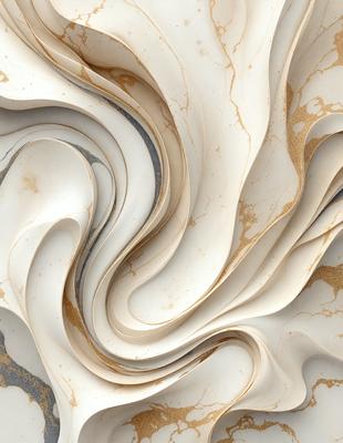 The primary subject of the image is a white marble-like material, which appears to be a sculpture or a piece of art. The setting is a table, and the visual style is a close-up of the artwork. The colors and mood of the image are predominantly white, giving it a clean and elegant appearance.