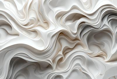 The primary subject of the image is a large, white, and textured surface that resembles a piece of art or a sculpture. The setting is a white background, which provides a clean and minimalistic environment for the artwork. The visual style appears to be a combination of digital art and illustration, as the surface has a unique and intricate design. The colors and mood of the image are predominantly white, giving it a clean, serene, and artistic atmosphere.
