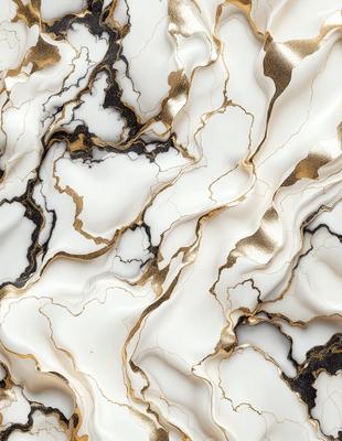 The primary subject of the image is a marble-like surface with a gold and white color scheme. The setting is a wall, and the visual style appears to be a combination of a photo and digital art. The colors and mood of the image are elegant and sophisticated, with the gold and white tones creating a luxurious and refined atmosphere.
