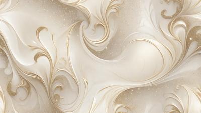 The primary subject of the image is a white and gold swirling pattern, which appears to be a painting or a digital artwork. The setting is a white wall, and the visual style is a combination of photo and digital art. The dominant colors are white and gold, creating a sense of elegance and sophistication.