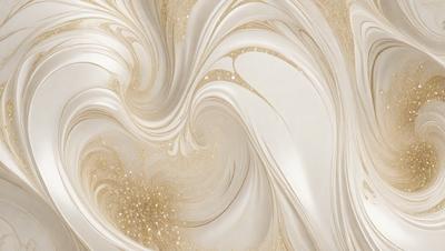 The primary subject of the image is a white and gold swirl pattern, which appears to be a painting or a digital artwork. The setting is a white background, and the visual style is a combination of photo and digital art. The dominant colors are white and gold, creating a sense of elegance and sophistication.