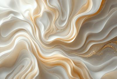 The primary subject of the image is a white and gold patterned wallpaper. The setting is a white wall, and the visual style is a combination of digital art and illustration. The dominant colors are white and gold, creating a clean and elegant atmosphere.