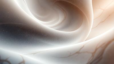 The primary subject of the image is a white, curved, and swirling pattern, which appears to be a marble or stone surface. The setting is a room with a marble table, and the visual style is a close-up of the marble pattern. The colors and mood of the image are predominantly white, giving it a clean and elegant appearance.