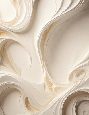The primary subject of the image is a large, white, swirling mass of paper. The setting is a white wall, and the visual style appears to be a combination of a photo and digital art. The colors and mood of the image are predominantly white, giving it a clean and minimalist appearance.