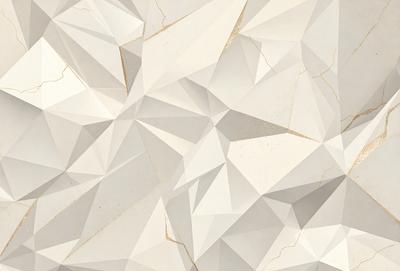 The primary subject of the image is a white and gold geometric pattern, which appears to be a wallpaper or a textured surface. The setting is a white room with a gold background, giving the scene a clean and elegant appearance. The visual style is a combination of digital art and illustration, creating a unique and intricate design. The colors and mood of the image are predominantly white and gold, giving it a sophisticated and luxurious feel.