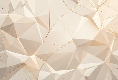 The primary subject of the image is a white, geometric pattern. The setting is a white wall, and the visual style is a combination of photo and digital art. The dominant colors are white and gold, creating a clean and elegant atmosphere.