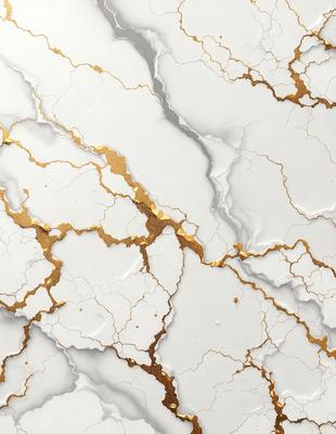 The primary subject of the image is a white marble surface with gold accents. The setting is a room with a white marble wall, and the visual style is a combination of photo and digital art. The colors and mood of the image are predominantly white and gold, creating a luxurious and elegant atmosphere.