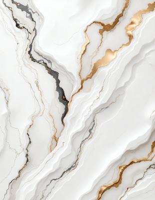The primary subject of the image is a marble wall with a gold and white pattern. The setting is a room with a white marble wall, and the visual style is a close-up of the marble wall. The dominant colors are gold and white, creating a luxurious and elegant atmosphere.