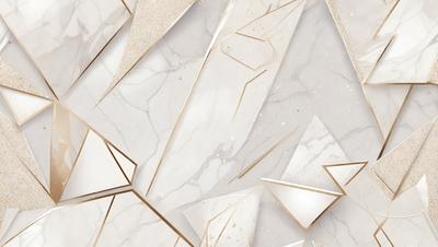The primary subject of the image is a marble wall with a pattern of triangles. The setting is a room with a white marble surface, which adds to the overall visual style. The image is a digital art piece, showcasing the intricate design of the marble wall. The dominant colors are white and gold, creating a luxurious and elegant atmosphere.