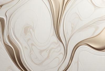 The primary subject of the image is a white, flowing, and curved wall. The setting is a room with a white background, and the visual style appears to be a combination of digital art and illustration. The dominant colors are white and beige, creating a clean and calming atmosphere.