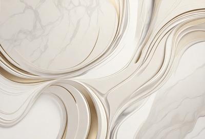 The primary subject of the image is a white marble wall with a gold-colored design. The setting is a room with a white marble floor. The visual style is a combination of a photo and digital art, creating a unique and intricate pattern. The colors and mood of the image are predominantly white and gold, giving it a luxurious and elegant appearance.