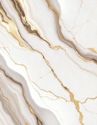 The primary subject of the image is a marble countertop with a gold-colored vein running through it. The setting is a kitchen, and the visual style is a close-up of the marble countertop. The colors and mood of the image are warm and elegant, with the gold vein adding a touch of luxury to the marble surface.