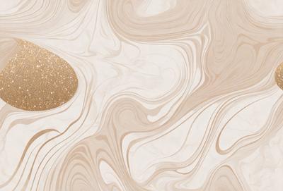 The primary subject of the image is a gold egg, which is placed on a marble surface. The setting is a patterned marble wall, and the visual style appears to be a combination of a photo and a digital art. The colors and mood of the image are predominantly neutral, with the gold egg adding a touch of warmth and elegance to the scene.