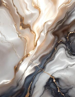 The primary subject of the image is a marble countertop with a gold and black pattern. The setting is a kitchen, and the visual style is a close-up of the countertop. The dominant colors are gold and black, creating a luxurious and elegant atmosphere.