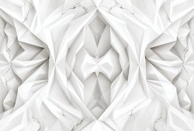 The primary subject of the image is a white marble wall with a pattern of white and grey tiles. The setting is a room with a white marble wall as the main focus. The visual style is a combination of digital art and illustration, creating a unique and intricate design. The colors and mood of the image are predominantly white and grey, giving it a clean and minimalist appearance.