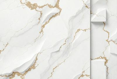 The primary subject of the image is a marble wall with a gold-colored pattern. The setting is a room with a white marble wall, and the visual style is a close-up of the marble wall. The colors and mood of the image are predominantly white and gold, creating a luxurious and elegant atmosphere.
