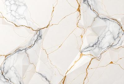 The primary subject of the image is a marble wall with a gold-colored pattern. The setting is a room with a white background, and the visual style appears to be a combination of photo and digital art. The dominant colors are white and gold, creating a luxurious and elegant atmosphere.