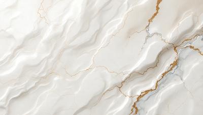 The primary subject of the image is a marble wall with a white and gold color scheme. The setting is a room with a white marble countertop. The visual style is a close-up of the marble wall, showcasing its intricate patterns and textures. The colors and mood of the image are elegant and sophisticated, with the white marble providing a clean and timeless appearance, while the gold accents add a touch of luxury and warmth.