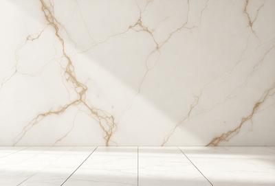 The primary subject of the image is a white marble wall with a pattern of veins. The setting is a room with a white tile floor. The visual style is a photo, and the colors and mood are predominantly white, giving the room a clean and elegant appearance.