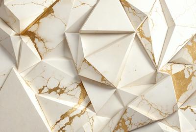 The primary subject of the image is a white marble wall with a gold pattern on it. The setting is a room with a white background. The visual style is a combination of a photo and digital art, creating a unique and intricate design. The dominant colors are white and gold, giving the wall a luxurious and elegant appearance.
