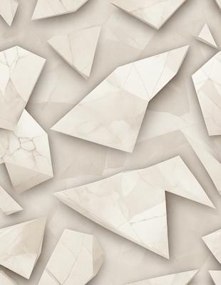 The primary subject of the image is a wall with a pattern of triangular shapes made of marble. The setting is a room with a white marble wall, and the visual style is a combination of photo and digital art. The colors and mood of the image are predominantly white, giving it a clean and minimalist appearance.
