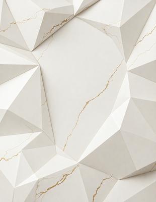 The primary subject of the image is a white marble wall with a gold-colored pattern. The setting is a room with a white background. The visual style is a combination of photo and digital art, creating a unique and intricate design. The dominant colors are white and gold, giving the wall a luxurious and elegant appearance.