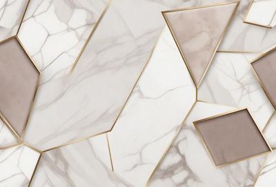 The primary subject of the image is a marble wall with a gold pattern. The setting is a room with a white marble wall, and the visual style is a combination of photo and digital art. The dominant colors are white and gold, creating a luxurious and elegant atmosphere.