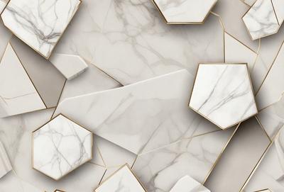 The primary subject of the image is a marble wall with a pattern of triangles. The setting is a room with a white marble surface, which adds to the overall visual style. The image is a photo, capturing the intricate details of the marble wall. The colors and mood of the image are predominantly white, giving it a clean and elegant appearance.