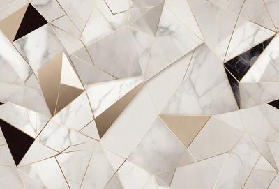 The primary subject of the image is a marble wall with a geometric pattern. The setting is a room with a white marble wall, and the visual style is a close-up of the wall. The colors and mood of the image are predominantly white, giving it a clean and elegant appearance.