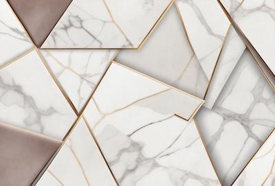 The primary subject of the image is a collection of marble tiles, which are arranged in a pattern. The setting is a room with a white marble wall, and the visual style is a close-up of the marble tiles. The colors and mood of the image are predominantly white, giving it a clean and elegant appearance.