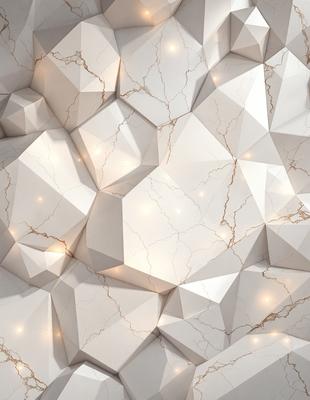 The primary subject of the image is a white marble wall with a pattern of white and grey diamond shapes. The setting is a room with a white marble floor, and the visual style is a combination of photo and digital art. The colors and mood of the image are predominantly white and grey, creating a clean and elegant atmosphere.