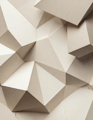 The primary subject of the image is a white wall with a pattern of white triangles. The setting is a room with a white surface, and the visual style appears to be a combination of digital art and illustration. The dominant colors are white, and the overall atmosphere is clean and minimalistic.