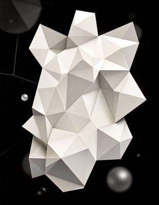 The primary subject of the image is a white, geometric sculpture. The setting is a black background, which contrasts with the white sculpture. The visual style is a combination of digital art and illustration, creating a unique and intricate design. The colors and mood of the image are predominantly black and white, giving it a modern and minimalist appearance.