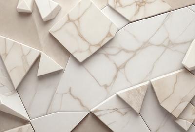 The primary subject of the image is a marble wall with a pattern of triangles. The setting is a room with a white marble wall, and the visual style is a close-up of the marble wall. The colors and mood of the image are predominantly white, giving it a clean and elegant appearance.