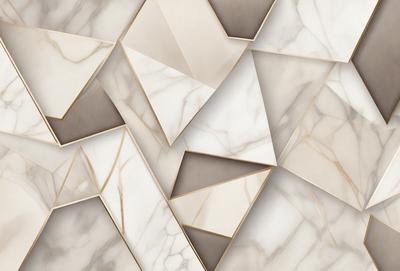 The primary subject of the image is a marble wall with a pattern of triangles. The setting is a room with a white marble wall, and the visual style is a close-up of the wall. The colors and mood of the image are predominantly white, giving it a clean and elegant appearance.