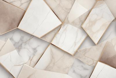 The primary subject of the image is a collection of white marble tiles. The setting is a white wall, and the visual style is a close-up of the tiles. The colors and mood of the image are predominantly white, giving it a clean and elegant appearance.