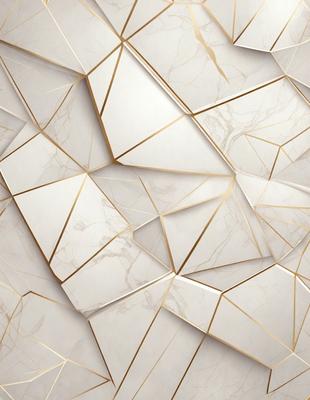 The primary subject of the image is a marble wall with a gold pattern. The setting is a room with a white marble wall, and the visual style is a combination of photo and digital art. The dominant colors are white and gold, creating a luxurious and elegant atmosphere.