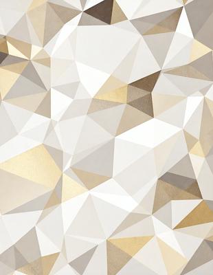 The primary subject of the image is a patterned wallpaper with a gold and white color scheme. The setting is a room with a white background, and the visual style appears to be a combination of digital art and illustration. The dominant colors are gold and white, creating a warm and inviting atmosphere.