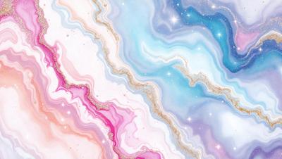 The primary subject of the image is a colorful, swirling pattern of pink, blue, and white colors. The setting is a space with a backdrop of stars, creating a celestial atmosphere. The visual style is a combination of digital art and illustration, with a focus on intricate patterns and textures. The dominant colors are pink, blue, and white, creating a vibrant and lively mood.